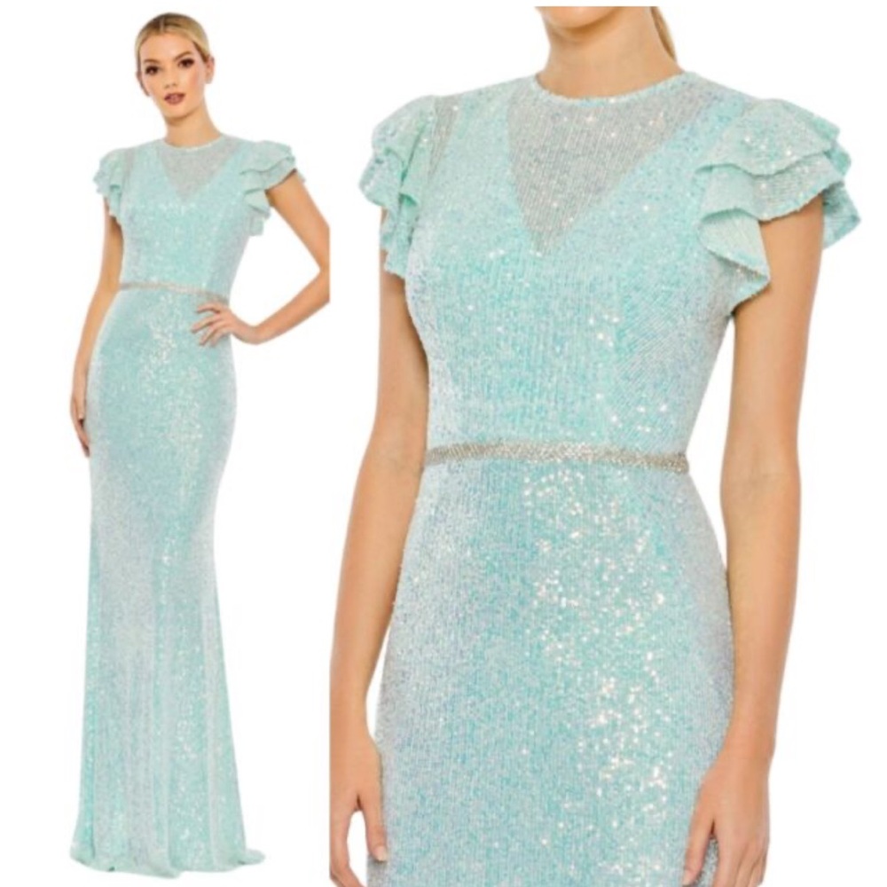 NWT IEENA for MAC DUGGAL Ice Blue Sequined High Neck Flutter Sleeve Gown 14